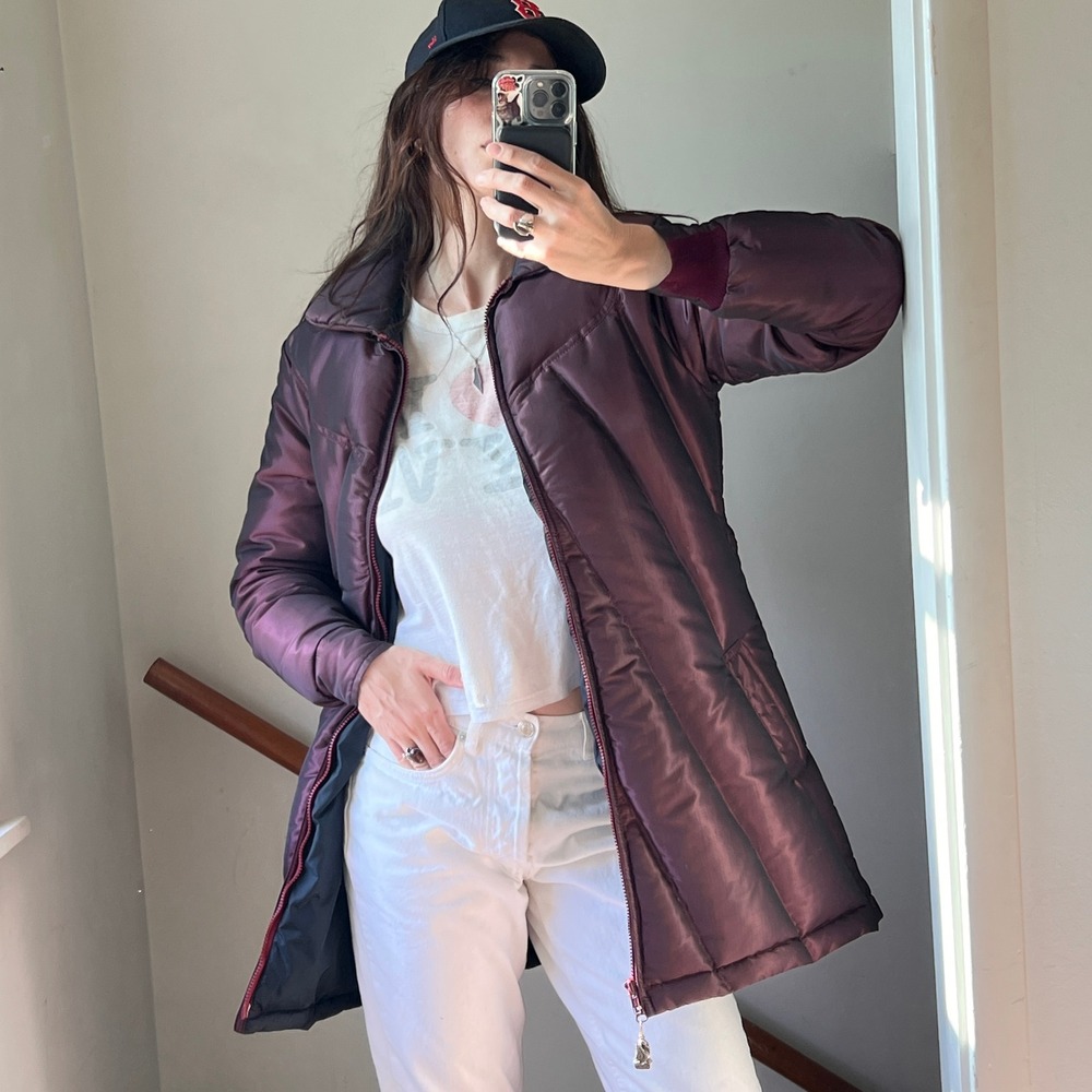 Vintage 80s Puffer Parka Coat Burgundy Iridescent Down Quilted Jacket Retro USA
